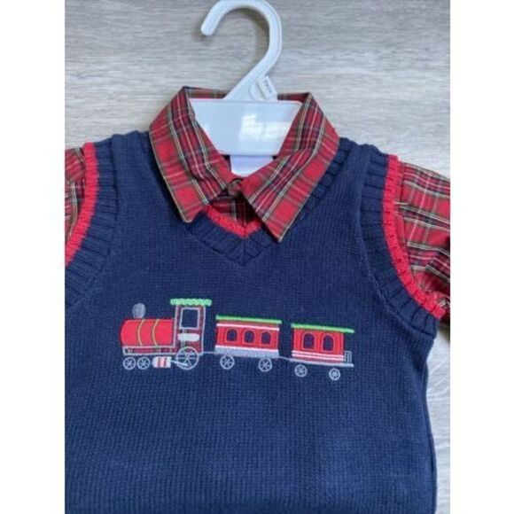 Great Guy Red Plaid Collared Shirt & Blue Train Sweater Vest 18 Months NWT - Picture 2 of 5